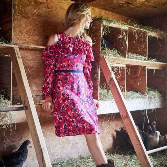 Draper James Francie Floral Cold Shoulder Dress Raspberry Red - Size 4 - Picture 2 of 10